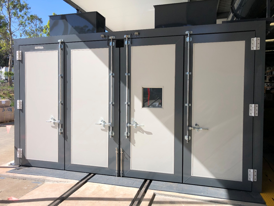 Burwell blast room equipment access doors, hinged swing and bifold panels with viewing window